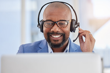 Image showing Black man, call center and business consulting in customer support, telemarketing or service at office. Happy African American male consultant agent smiling with headphones and mic for online advice