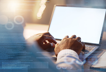 Image showing Report, chart and laptop with hands of black man in office for overlay, planning and data graphics mockup. Research, planning and business with male typing for internet, strategy and technology