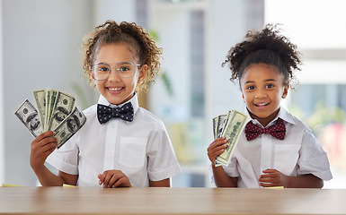 Image showing Business, school and children in office with cash, smile and education in money management or budget planning. Portrait of girls, accounting and investing in future finance with happy corporate kids