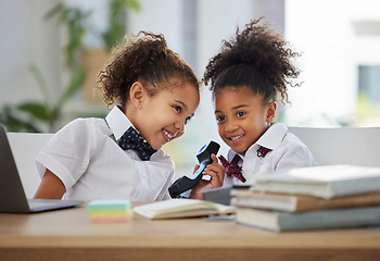 Image showing Listening, happy and girls playing business people with a telephone and answering a phone call. Smile, playful and little children pretending to be employees with a landline at home for play