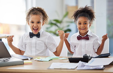 Image showing Business, portrait and celebration with children friends playing fantasy together in an office. Kids, wow and make believe with girl sisters having fun using their imagination for pretend work