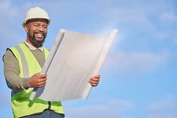 Image showing Mockup, black man and architect with blueprints, outdoor and construction for real estate, document and planning. African American male manager, inspector or leader with smile, engineer or contractor