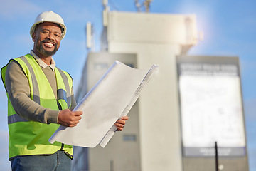 Image showing Portrait, black man and engineer with blueprints, outdoor and innovation for construction site, building and smile. Face, African male employee and architect with document, paperwork and contractor