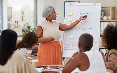 Image showing Business meeting, woman speaker and communication from women employee with analysis presentation. Whiteboard, planning worker and staff solution from collaboration and teamwork of working team