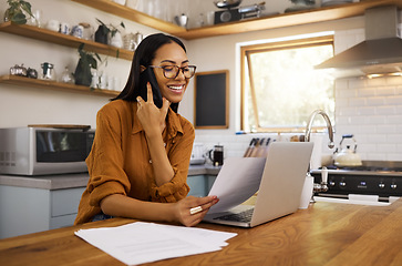 Image showing Woman, phone call and working from home with laptop, paperwork and communication with technology. Happy female employee, remote work and networking or telemarketing, sales and telecom with document