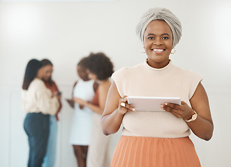 Image showing Business woman, tablet and portrait with a smile for communication, internet and network connection. Black female entrepreneur working on touch screen for social media, leadership report or search