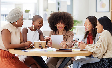 Image showing Teamwork, meeting and business women with tablet in office for brainstorming, discussion or planning. Leadership, cooperation and group of happy people or employees with touchscreen for strategy.