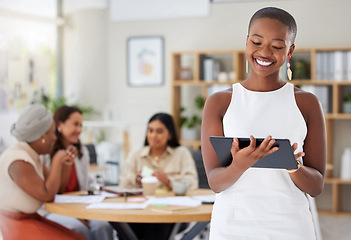 Image showing Black woman, business and tablet, leadership and technology, presentation and speaker with team leader. Happy female, check digital device in meeting with professional mindset and internet search