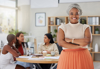 Image showing Black woman in business, happy in portrait and meeting, arms crossed and confident, pride and success in office. Team leader, corporate group and female smile in workplace and professional mindset