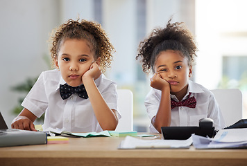 Image showing Bored, children and portrait with pretend office work thinking together feeling tired. Job, kids and girl friends playing dress up as working executive team at desk with paperwork and burnout