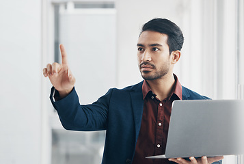 Image showing Virtual, laptop and interactive man pointing at architecture engineering design, cyber UI schematic or blueprint digital transformation. AI screen, IOT dashboard and male architect remodeling office