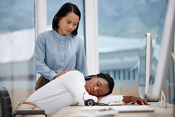 Image showing Wake up, overworked and sleeping with black woman in call center office for exhausted, burnout and stress. Customer support, contact us and consulting with female for rest, mental health and problem