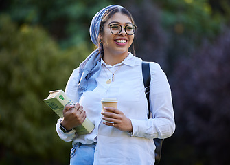 Image showing Thinking, book and happy woman at park, university campus or distance learning, outdoor education and studying. Gen z muslim, islamic or arabic student with school ideas, research or college reading