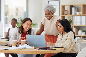 Image showing Business women, laptop work and digital collaboration of a web analytics group in a office. Teamwork, solidarity and online agency of female staff in a meeting with website solution and data