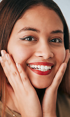 Image showing Face closeup, woman smile and makeup of a gen z, youth and female model with cosmetics. Portrait, happiness and beauty of a young person with skin textures and cosmetic care with happy self love