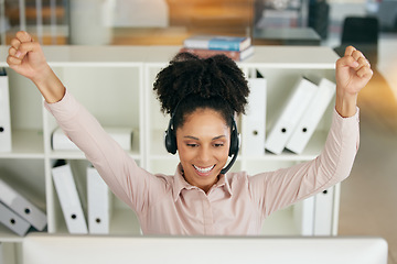 Image showing Call center, success and business woman with happiness from a telemarketing achievement. Crm, contact us and computer notification of job promotion email with celebration in a customer support office