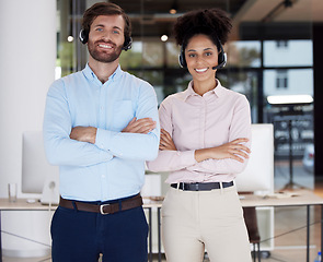 Image showing Man, woman and call center together with arms crossed in portrait with smile, collaboration and success. Customer support, consultant or agent team with solidarity, diversity and partnership at job