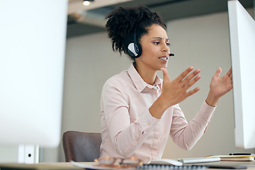 Image showing Call center woman, explaining and hands by computer with frustrated face for crm, customer service and sales. Consultant, agent or tech support expert with discussion, help desk and voip at agency