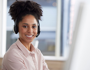 Image showing Customer support, smile and portrait of woman at call center for b2b connection, contact us and crm consulting. Telemarketing, communication and happy female worker for service, agency and help desk
