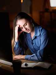 Image showing Business woman, headache and fatigue with burnout and working night, stress migraine and mental health. Female employee at desk, overtime and tired, overworked and exhausted, depression and brain fog