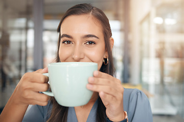 Image showing Coffee drink, face portrait and woman drinking hot chocolate, tea cup or relax morning beverage for hydration wellness. Caffeine, female business manager or corporate office person with espresso mug