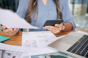 Image showing Architecture plans, laptop and phone of woman working on real estate and construction plan. Engineering, building industry and property development strategy with a female planning on a mobile