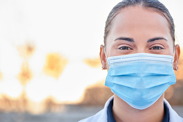 Image showing Covid mask, doctor and woman portrait outdoor for medical and health insurance mockup. Face of healthcare worker and ppe for safety policy, compliance or corona virus protection for wellness and help