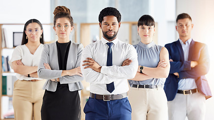 Image showing Business people, portrait and serious team with arms crossed in confidence for leadership at the office. Diversity, men and women in corporate management, teamwork or company mission at the workplace