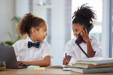 Image showing Happy, talking and girls playing as business people in an office, pretending and acting like employees. Smile, together and little children with a laptop and on a phone call for pretend play