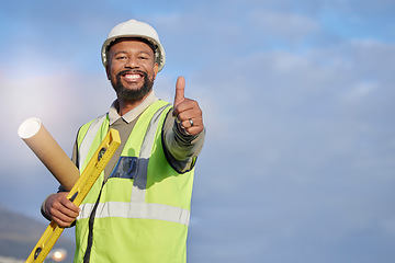 Image showing Black man, architect and construction with blueprint and thumbs up, infrastructure and builder with success. Mockup, blueprint and helmet for safety, happy male contractor with agreement in portrait