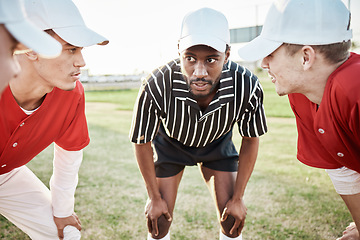 Image showing Teamwork, baseball coach or men planning with motivation, hope or faith in training match or sports game. Softball huddle, fitness or leadership with athlete group ready for mission goals on field