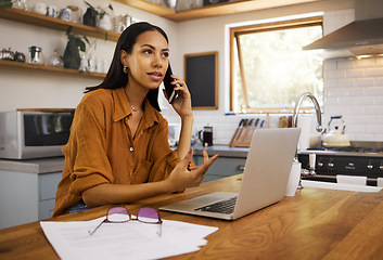 Image showing Woman, phone call and remote work with laptop, communication and paperwork with technology. Female freelance employee talking, working from home with networking or telemarketing, sales and telecom