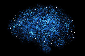 Image showing Brain neural pathway, artificial rendering and digital graphic of intelligence and neuroscience in studio. Isolated, black background and no people with ai generated, neuro data and mind connection