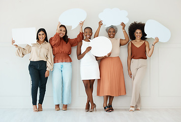 Image showing Business woman, team and speech bubble in social media holding shapes or icons against a wall background. Portrait of happy women friends with poster shaped symbols for networking or communication