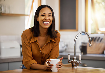 Image showing Happy, coffee and woman portrait at home in a kitchen with a hot drink feeling relax and calm in the morning. Happiness, zen and female drinking in a house holding a mug in a household with tea