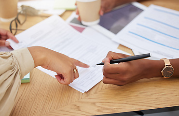 Image showing Hands, paperwork and signing contract in office for business deal, hiring or application form. Pointing, writing and signature on documents for agreement, hr onboarding or recruitment with women.