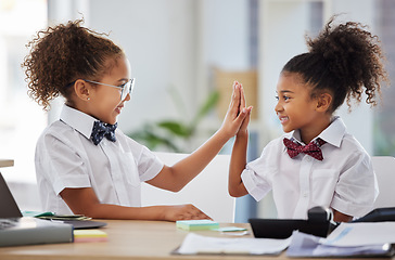 Image showing Happy kids, high five and hands of students with teamwork from business celebration at play office. Girl friends, education and working children with work together of pretend and make believe