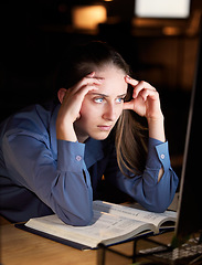 Image showing Burnout, computer and night with a business woman doing research in an office late for overtime on a deadline. Stress, headache and mental block with a young female employee working in a dark room