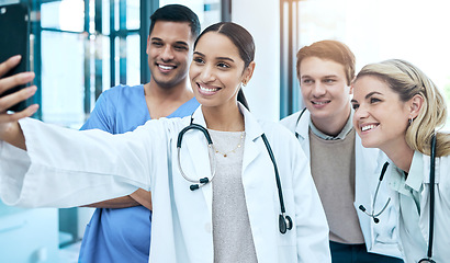 Image showing Selfie of nurses, doctors or medical group of people for social media, hospital or healthcare teamwork post. Happy, diversity and young women and men with internship profile picture or career memory