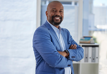 Image showing Happy black man, arms crossed or office portrait of corporate motivation in company about us or profile picture. Smile, confident or mature management person and success mindset or CEO introduction