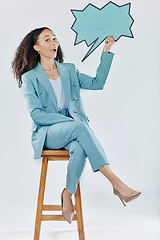 Image showing Business woman, speech bubble and studio portrait for mockup, opinion and space by white background. Happy entrepreneur, smile and ideas for social media, mock up and happiness for company promo