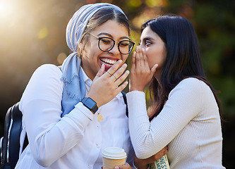 Image showing Funny, friends and women with smile, gossip and conversation with joy, laughing and youth. Young female people, happy ladies and share secrets with discussion, rumors or whisper in ear with happiness