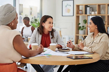 Image showing Meeting, planning and business women in the office for strategy while talking company growth or development. Collaboration, diversity and research with a woman employee team working on a project