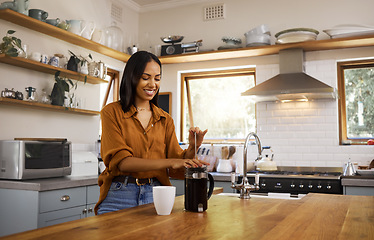 Image showing Kitchen, coffee and woman with French press for breakfast latte, cappuccino and hot beverage at home. Relax, morning routine and happy girl make espresso, caffeine drink and brewing in apartment