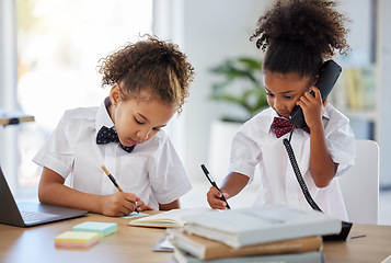 Image showing Planning, telephone and children boss in the office while working on a project together with teamwork. Collaboration, landline and girl kids in business people cosplay pr costume in a workplace.