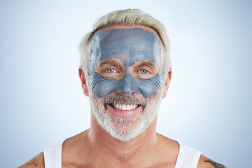 Image showing Mask, skincare and facial with portrait of man in studio for cleansing, detox and spa. Cosmetics, beauty and dermatology with senior model on gray background for anti aging, product and natural