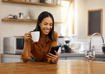 Image showing Smile, kitchen and woman with phone, coffee and relax while browsing internet, checking social media or reading email. Chat, connect and work from home lifestyle, female on tea break in apartment.