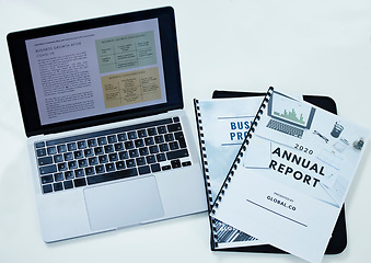 Image showing Laptop, finance and above documents on planning, savings and growth development on a table with nobody. Screen, display and financial report for tax, investment and business compliance with no people