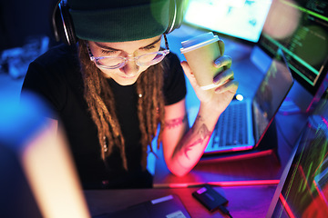 Image showing Coffee, computer or girl hacker in night office for coding, phishing or researching blockchain tech. Pc data, programmer or woman hacking online in digital cybersecurity on global website or internet