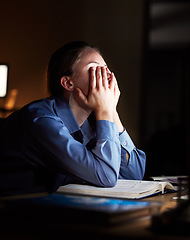 Image showing Business woman, headache and exhausted with burnout and working night, stress migraine and mental health. Female employee at desk, overtime and fatigue, overworked and tired, depression and brain fog